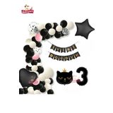 Bannerli 3 Yaş Siyah Kedi Folyolu Kalp Yıldız Siyah Beyaz Konsept Doğum Günü Seti
