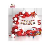 Bannerli 5 Yaş Kırmızı Araba Yıldız Folyo Balonlu Beyaz Kırmızı Konsept Doğum Günü Parti Seti