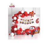 Bannerli 6 Yaş Kırmızı Araba Yıldız Folyo Balonlu Beyaz Kırmızı Konsept Doğum Günü Parti Seti