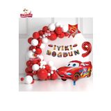 Bannerli 9 Yaş Yıldız Araba Folyo Balonlu Kırmızı Beyaz Konsept Doğum Günü Parti Seti