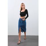 Banny Jeans Kadın Yırtmaçlı Midi Jean Etek - MAVİ XL