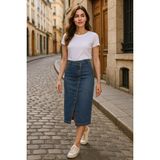 Banny Jeans Önü Yan Düğmeli Midi Boy Likralı Lacivert Jean Etek - 2XL