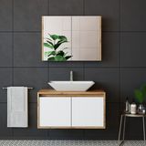 Banos Banyo Roomart Tm7.2 Ayaksız 2 Kapaklı Lavabolu Ahşap-Mat Beyaz Mdf 85 cm Banyo Dolabı + Aynalı Banyo Üst Dolabı - Atlantik Çam - Beyaz - Yok