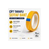 Bant Çift Taraflı Şeffaf 12mm x 25 Metre Güçlü Yapışkanlı Çok Amaçlı Montaj Bandı