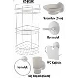 Banyo Aksesuarları Üç Katlı Köşelik Kağıtlık Havluluk Sabunluk Fırçalık Bornozluk Seti Beyaz Renk