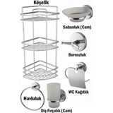 Banyo Aksesuarları Üç Katlı Köşelik Kağıtlık Havluluk Sabunluk Fırçalık Bornozluk Seti Krom Renk