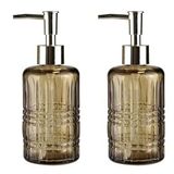 Banyo Seti Cam Sıvı Sabunluk 2 Adet,Kristal Desenli Kahverengi 300ml 6,8x17,6cm
