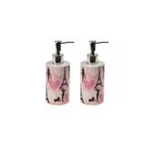 Banyo Seti Seramik Sıvı Sabunluk 2 Adet Kızlı Paris Desenli 7x7x18cm 320ml