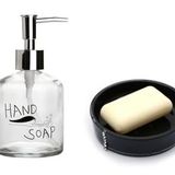Banyo Seti,El Sabunu Yazılı Cam Sıvı Sabunluk Ve Akrilik Siyah Taşlı Sabunluk