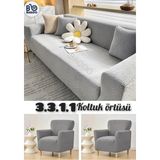Baqdo Tuğla Desen Lastıklı Koltuk Örtüsü Takımı 3+3+1+1 Streç Esnek Çekyat Kanepe Kılıfı Yıkanabilir Koltuk Koruyucu 3311 - 180 x 230 cm - Açık Gri
