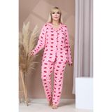 BARAY TEKSTİL Kadın Pembe Çilek Desenli Milan Kumaş Büyük Beden Pijama Takımı - Yumuşak Dokulu