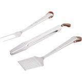 Barbekü Alet Seti - 3'lü Paket, Fırçalanmış Paslanmaz Çelik Maşa, Spatula ve Çatal, Yumuşak Saplı ve Deri Kayışlı, Düz Üst Izgara, Kömür ve Gazlı Izga - Çok Renkli - Standart