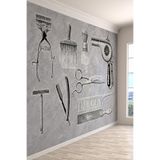 Barber Shop Vintage Çizim Gri Beton Desenli Tekstil Duvar Kağıdı, 550 x 280