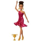 Barbie Balo Salonu Dansçısı Moda Bebek Kırmızı Fırfır Elbise, Dans Ayakkabıları ve Kahverengi Stil Saç, Dans Kupa Aksesuarı