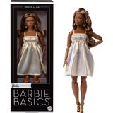 Barbie Basics 08 Siyahi Dalgalı Saçlı | Altın elbise ve topuklu esmer bebek, evrensel moda ve eklemli vücut, +3 yaş, JJX28