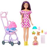 Barbie Bebek Bakıcısı Skipper oyun seti, kahverengi saçlı yetişkin ve sarı saçlı küçük bebek, bebek arabası, çıkarılabilir araba koltuğu ve 7 aksesuar, JJB42