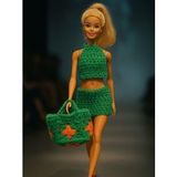 Barbie Bebek İçin El Örgüsü 3 Parça Yazlık Kombin: Üst + Etek + Çanta (Yeşil)