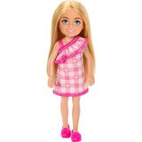Barbie Chelsea Bebek, Sarı Saçlı ve Mavi Gözlü Çıkarılabilir Kareli Elbise ve Pembe Ayakkabı Giyen Küçük Bebek