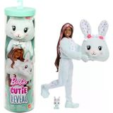 Barbie Cutie Reveal bebek ve aksesuarları, Yumuşak Dostlar Serisi tavşancık, renk değişimi ve mini evcil hayvan dahil 10 sürpriz, JJP65