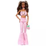 Barbie Deluxe Style Flare Jeans Jjn72 | Eşleşen Gül Baskı Flare Jeans, Dalgalı Kahverengi Saç, Gül Çanta Ve Takı Gibi Aksesuarlar