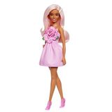 Barbie Fashionistas oyuncak bebek No. 238, pastel pembe saçlı, gül üstlü, askısız elbise, inci saç tokası ve yüksek topuklu kayışlı ayakkabı, HYT94