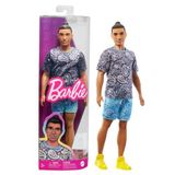 Barbie HPF80 - Ken-Pube, çocuk oyuncağı, Barbie moda tutkunları, topuzlu kahverengi saçlar, şal desenli tişört ve şort, kıyafet ve aksesuarlar, 3 yaşından itibaren