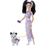 Barbie JFP39 Oyuncak Uyumlu Dostlar Siyah Saçlı Bebek ve Köpeği