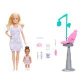 Barbie Kariyer Bebekleri diş hekimi oyun seti, beyaz önlük giyen Barbie, çocuk figürü, muayene koltuğu ve aksesuarlar, JMK14