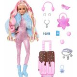 Barbie Model Bebek Kar Temalı Pembe Parıltılı Kıyafetli 15 Aksesuar İçeren Seyahat Seti