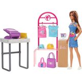 Barbie Model Bebek Tasarım Butiği Oyun Seti – Pembe Çizgili Elbise ve Mavi Desenli Tişört Aksesuarları Dahil