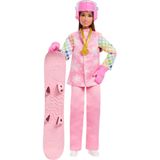 Barbie Pembe kayak montu, pantolonu, botları ve renk değiştiren snowboard bebek