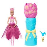 Barbie Petal Pop bebek ve aksesuarlar, lale şeklinde pembe bir elbise giyen kokulu bebek, minik tavşan ve sulama kabı, kolye ve küpe gibi sürprizler ile çiçek buketi sürprizi, JMF57