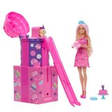 Barbie Rise & Surprise bebek ve aksesuarlar, Minik Dostumun Doğum Günü serisi, kaydırak ve renk değişimi dahil 12 sürpriz (Stiller çeşitlilik gösterebilir), JKF66