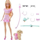 Barbie Uyumlu Dostlar Sarı Saçlı Bebek Ve Köpekçiği, Pötikare Desenli, Pembe Renkli Kıyafetler Giyen Ve Güneş Gözlüğü, Kolye Ve Fiyonk Gibi Aksesuarlar Takan, Jfp36 | Ve Güneş Gözlüğü, Kolye Ve Yaylar