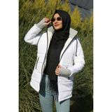 Barbora 805 Kışlık Kapüşonlu Uzun Beyaz Kadın Şişme Tesettür Mont