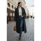 Barbora Balık Sırtı Detaylı Astarlı Kışlık Kadın Kaşmir Uzun Kaban - XL - Gri
