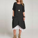 Barbora Günlük Tasarım Kadın Elbise Keten Yazlık - Siyah - 2XL