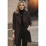 Barbora Kadın Kemerli Kaşe Kaban Polyester Malzeme Uzun Kol Kahverengi Düz Desen