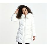 Barbora Kadın Kışlık Kürklü Kapüşonlu Şişme Mont Polyester Malzeme ile Standart Kalıp Beyaz