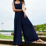 Barbora Keten Yazlık Günlük Salaş Kadın Tulum LN238LACIVERT - 2XL