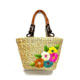 Barc Shop Hasır Bambu Rattan El Çantası Çiçek Desenli Organik Çanta 35X25 Cm