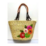 Barc Shop Hasır Bambu Rattan Renkli Çiçek Desenli El Çantası Organik El İşi 35X25 Cm