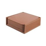 Bardak Altlığı,6’lı Set,Masaüstü Kare Cup Coaster,Vegan Suni Deri,11x11 cm.,Taba