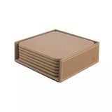 Bardak Altlığı,6’lı Set,Masaüstü Kare Cup Coaster,Vegan Suni Deri,11x11 cm.,Vizon