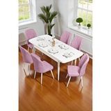 Baresmu Bara Beyaz 80X132 Açılabilir Sunta Masa Yemek Odası Takımı, Mutfak Takımı 6 Adet Sandalye - Pembe