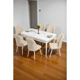 Baresmu Bara Beyaz Mermer 80X132 Açılabilir Sunta Masa Yemek Odası Takımı, Mutfak Takımı 6 Adet Sandalye - Krem