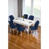 Baresmu Bara Beyaz Mermer 80X132 Açılabilir Sunta Masa Yemek Odası Takımı, Mutfak Takımı 6 Adet Sandalye - Lacivert