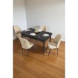 Baresmu Bara Siyah Mermer 80X132 Açılabilir Sunta Masa Yemek Odası Takımı, Mutfak Takımı 4 Adet Sandalye - Krem