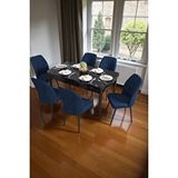 Baresmu Bara Siyah Mermer 80X132 Açılabilir Sunta Masa Yemek Odası Takımı, Mutfak Takımı 6 Adet Sandalye - Lacivert