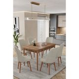 Baresmu Karba 80X132 Açılabilir Sunta Masa Yemek Odası Takımı, Mutfak Takımı 6 Adet Sandalye - Meşe - Krem